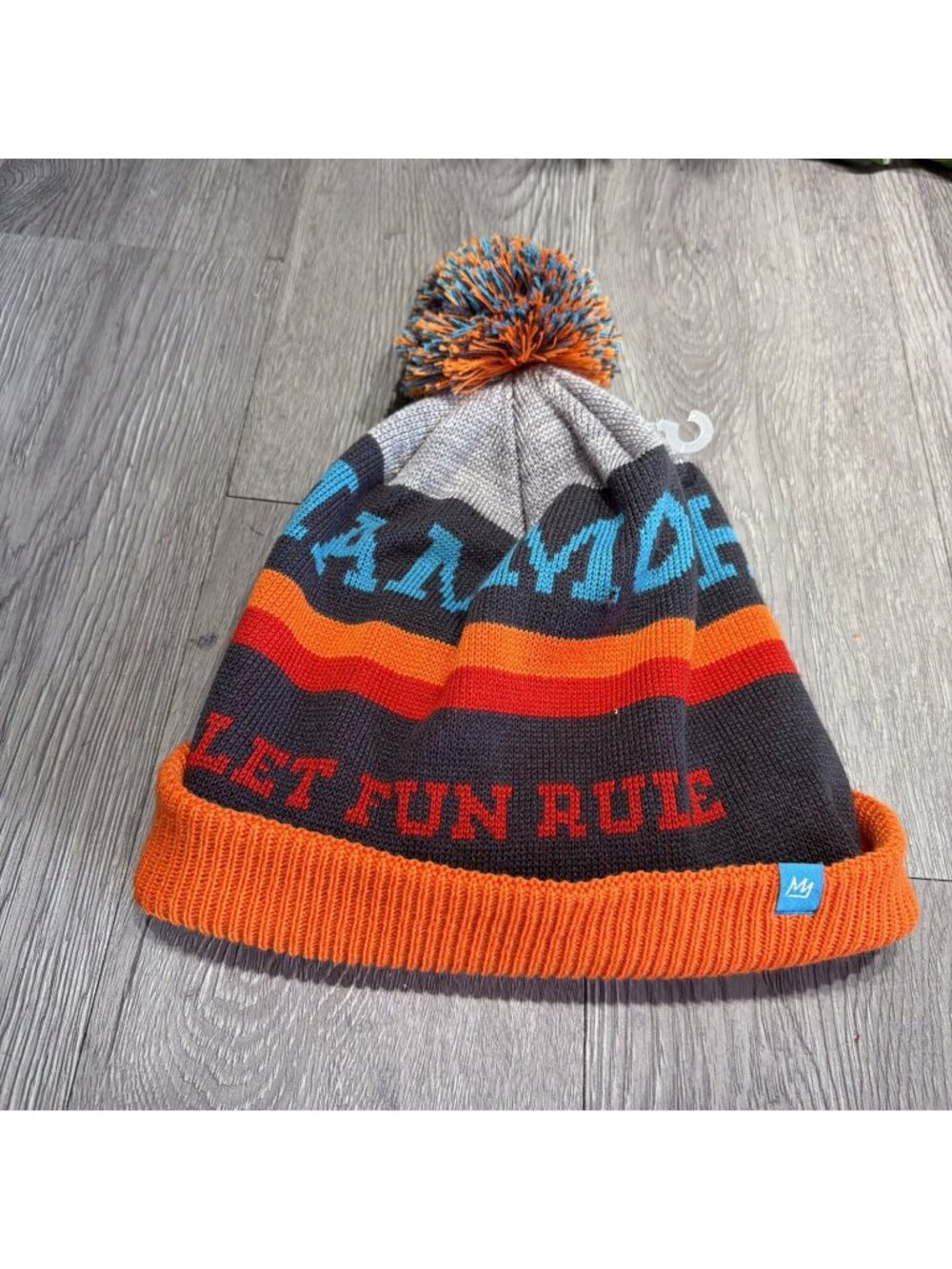 Mammoth Mountain Beanie Ski Snow Winter Let Fun Rule Pom Hat Blue Gray Orange